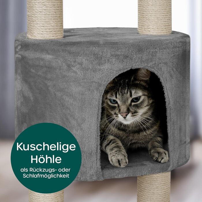 HAPPYPET Дряпка для котів 260 см – велика, стійка, для кількох котів, з аксесуарами, сіра