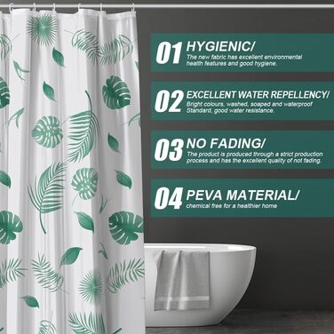 Шторка для душу URAQT, антибактеріальна, водонепроникна, швидковисихаюча, PEVA, 180x180 см, 12 кілець, біла