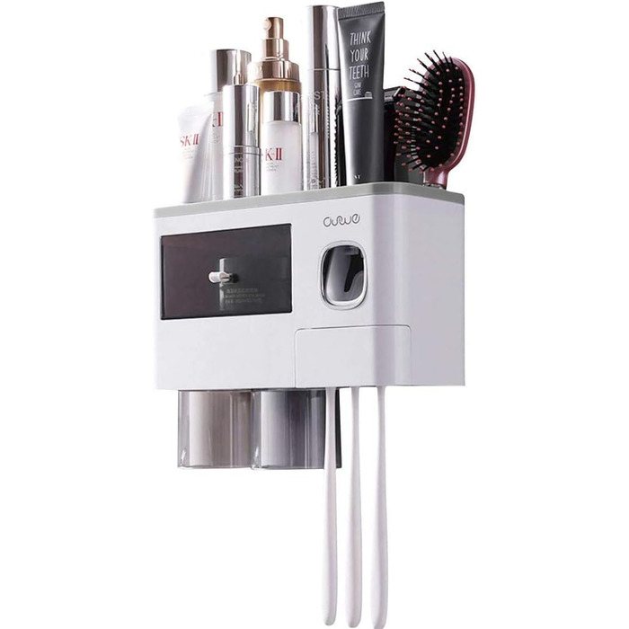 Automatic Toothpaste Dispenser Wall-Mounted, Space-Saving Toothbrush Holder for Bathroom, 2 Transparent Magnetic Cups, 6 Toothbrush Slots, 1 Cosmetic Organizer Drawer (2 Cups)