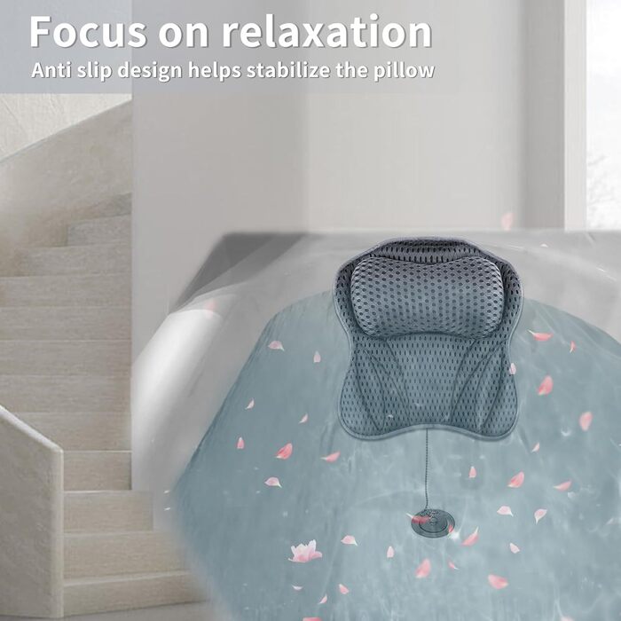 Подушка для ванни з підтримкою шиї та плечей, сітчаста 4D, 6 присосок, сіра