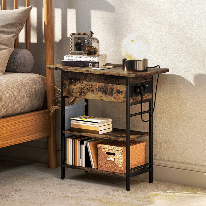 HOMCOM Bedside Table with Power Strip, 2 Tiers, USB Ports, and Storage - Rustic Brown (60 x 29.8 x 58.5 cm)