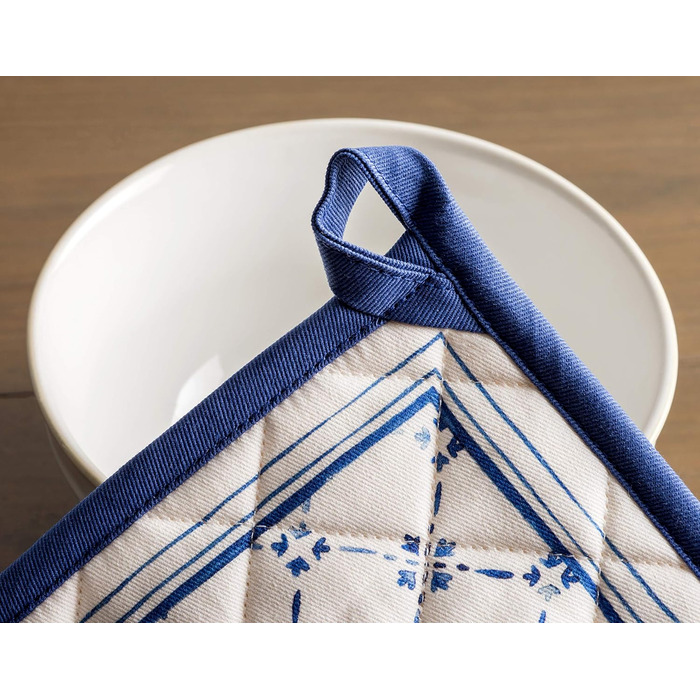 Maison d' Hermine Faience Oven Mitt + Pot Holders, 100% Cotton, Heat Resistant, Kitchen Oven Mitt (19.1 x 33 cm) and Pot Holders (20.3 x 20.3 cm) for Cooking, Grilling, Spring/Summer