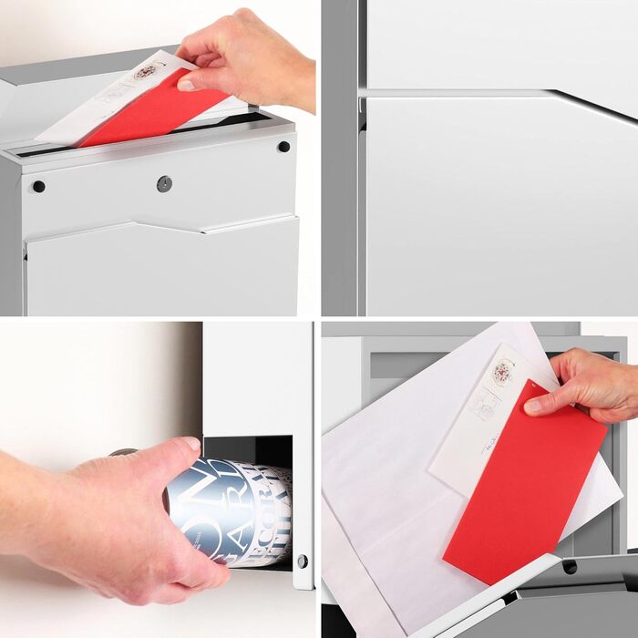 Поштова скринька біла з газетницею TRELLEBORG (RAL 9016), персоналізована - з іменем, вулицею та номером будинку, з комплектом для монтажу. Металева, сучасна.