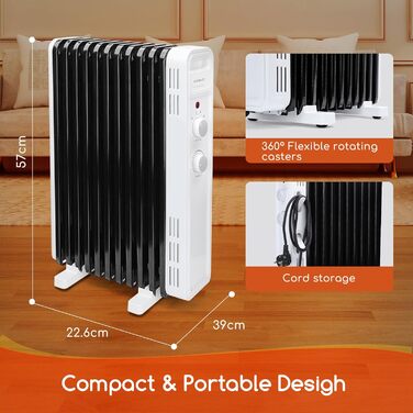 Масляний радіатор Aigostar 2500W з 13 ребрами: електрична портативна теплова батарея з термостатом та захистом від перегріву