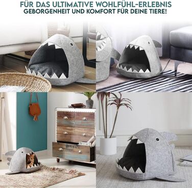Хатинка для кота з фетру Hausleben, ліжко-печера для тварин, тепле гніздо з веселим дизайном у вигляді акули