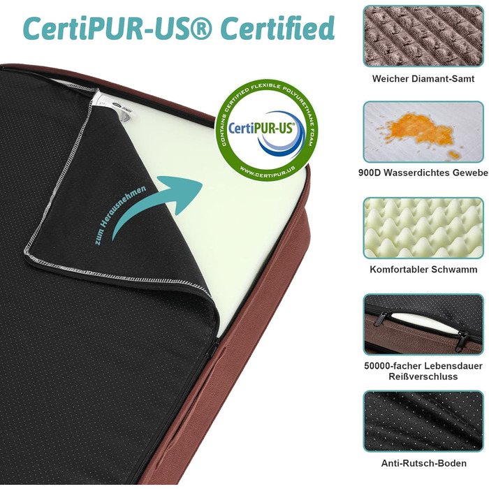 Ортопедичне ліжко для собак маленьких порід, водонепроникне диван-ліжко з бортиками, з підтримуючою піною, зручне ліжко для домашніх тварин з знімним, пральним чохлом, водонепроникний наповнювач, антиковзаюче покриття (107 x 76 x 19 см, Колір: Коричневий)