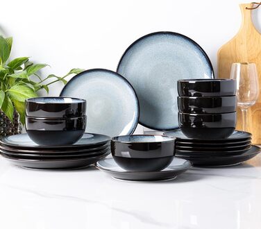 Набір посуду LeRatio для 8 осіб: 24-елементний набір посуду з кераміки з реактивною глазур'ю, стійкий до подряпин, набір тарілок та мисок, придатний для миття в посудомийній машині та використання в мікрохвильовій печі (Ozeanblau, 18 частин)