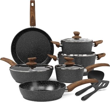 Kitchen Academy Induction Cookware Set - 12-Piece Black Granite Cookware Set, Non-Stick Pot and Pan Set, PFOA & PFOS-Free