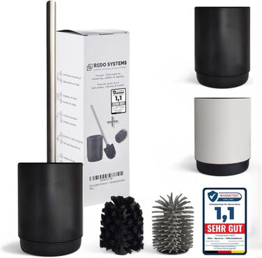 Торцева щітка для унітазу з нержавіючою ручкою - комплект з 2 насадками для ванної кімнати. Стійка, кругла щітка для туалету. Гігієнічна, антибактеріальна (чорний)