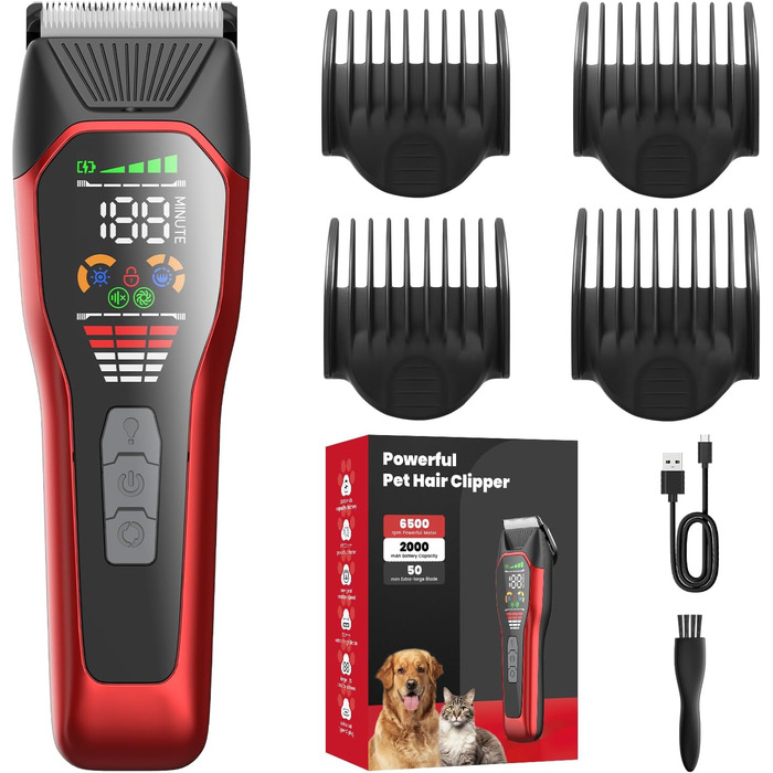 Електрична машинка для стрижки собак з густим/важким хутром, 2 швидкості, LED, акумуляторна, для собак та котів, з блокуванням, Стандартний набір