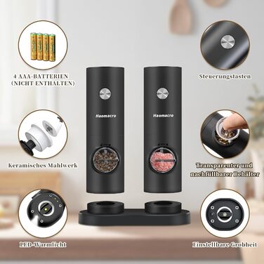 Haomacro Electric Salt and Pepper Grinder Set, Battery Operated, Electric Pepper Grinder Automatic Spice Grinder Salt Shaker with Base, LED Light, Adjustable in 5 Levels