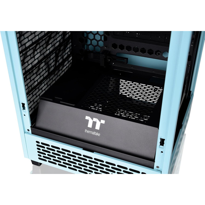 Корпус Thermaltake The Tower 200 Turquoise Mini-ITX з вертикальним розташуванням, загартоване скло, 2x CT140 вентилятори, підтримка AIO 280мм, GPU до 380мм