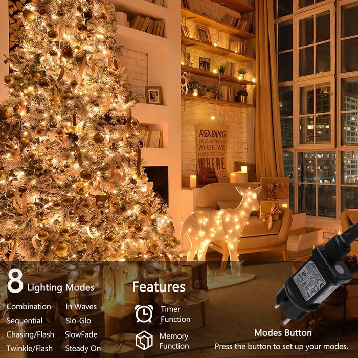 Льонокомірка LED 200 шт., 20 м, на батарейках з таймером, 8 режимів, вологостійка, тепле біле світло, для декору саду, вечірки, весілля, внутрішнього та зовнішнього використання, прозорий кабель