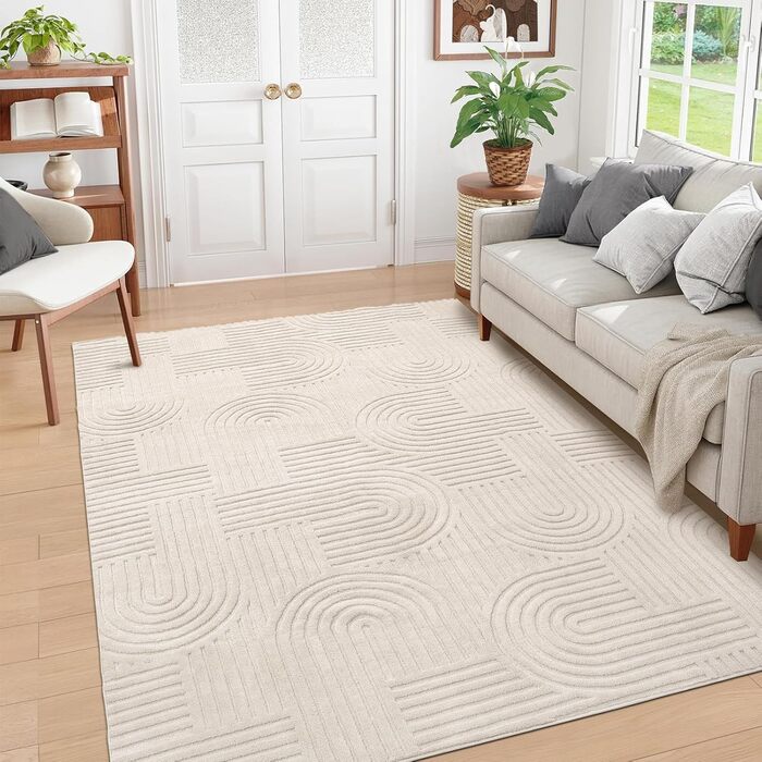 Килим для вітальні 160x230 см, великий пухнастий з коротким ворсом, миючий, сучасний, з 3D ефектом, неслизький, для їдальні, кухні, спальні, бежевий