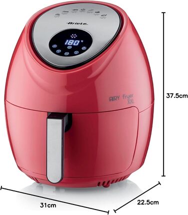 Ariete Airy Fryer XXL 4618, Hot Air Fryer 7 Liter, 60-Minute Timer, LCD and Touchscreen with 7 Cooking Levels, Maximum Temperature 200° C, Capacity 2.5Kg, 1800W, Red