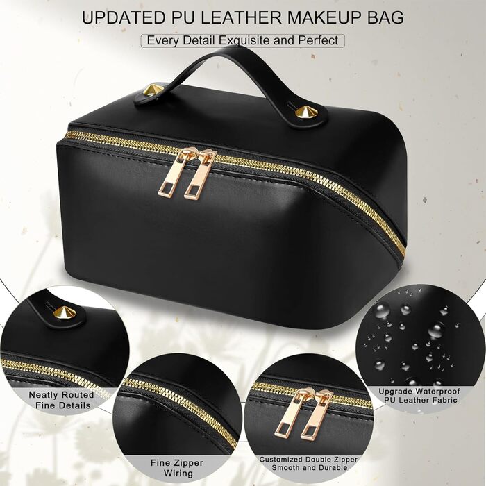Косметичка для подорожей жіноча, велика містка, з PU шкіри, органайзер для макіяжу, культбагаж, косметичка для аксесуарів у подорожах, чорна гладка