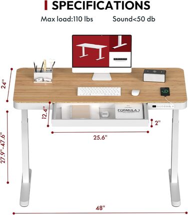 Електричний стіл Sanodesk з регулюванням висоти, ящик, сенсорне керування, USB-порти, 120 x 60 см, білий, 120 x 60 x (73.5-118) см