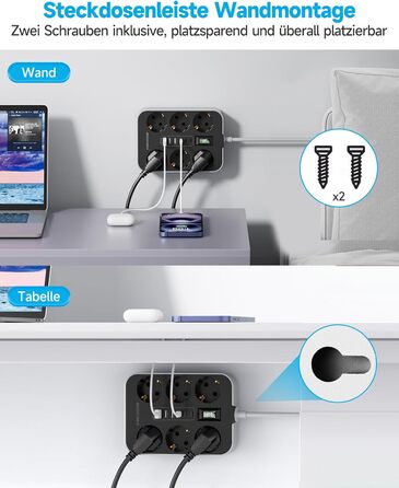 Мережевий фільтр 6-фазний з USB (3 USB-A, 3 USB-C), настінний, з вимикачем та кабелем 2м, захист від перенапруги, чорний