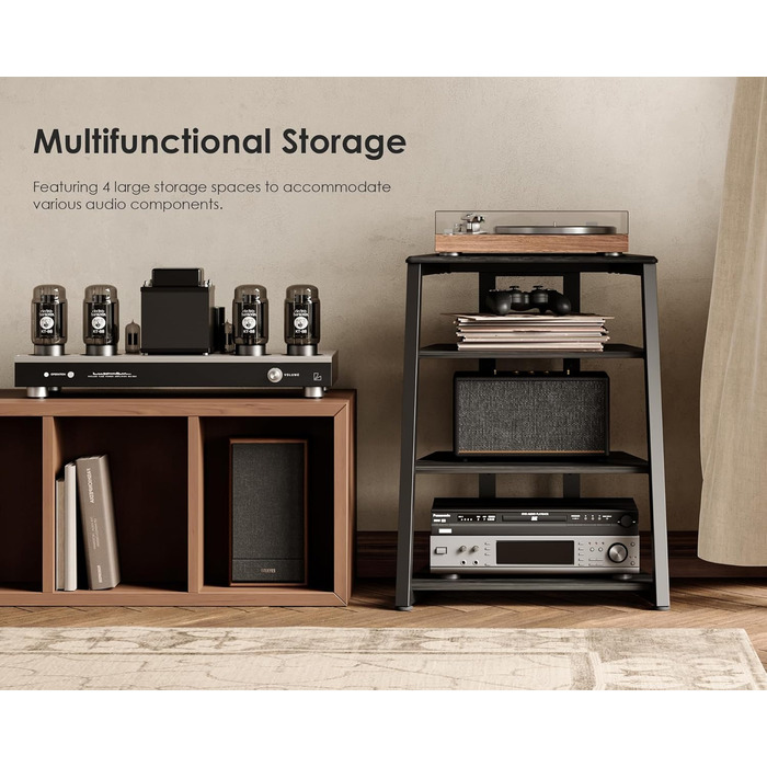 FITUEYES HiFi тумба для вінілу та аудіотехніки з полицями, чорна, 61x52x78 см
