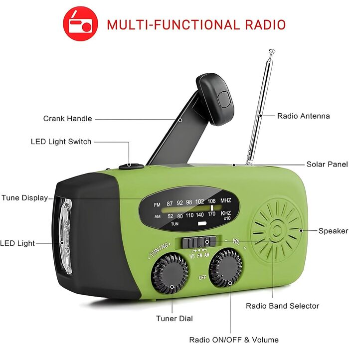 Радіо Solar Radio з ручним генератором, AM/FM, Powerbank 2000mAh, LED ліхтарик, USB зарядка - зелений