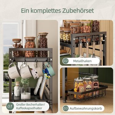 Регульована полиця для мікрохвильової печі NETEL 2-ярусна, чорна, висувна 40-60 см з тримачем для напоїв та кошиком