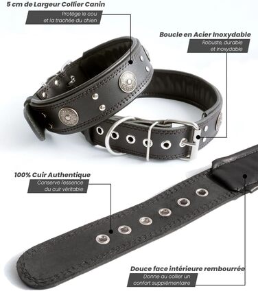 Нашийник для собак з натуральної шкіри, 5 см, ручної роботи, чорний, розмір S (38-49 см)