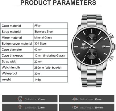 Чоловічий хронограф: водостійкий годинник з нержавіючої сталі та металу з авто-датою, кварцовий механізм, кольорові стрілки (срібло та чорний)