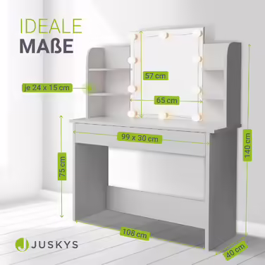 Косметичний стіл Juskys Bella з LED підсвічуванням, дзеркалом, шухлядою та 4 полицями, 108x40x140 см, білий, дерев'яний туалетний столик
