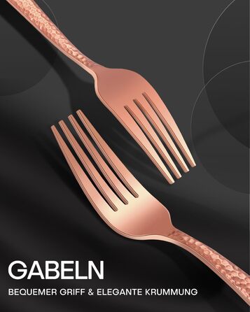 30-Piece Flatware Set, 6 People, Roségold, Thickened Stainless Steel Cutlery Set with Hammered Handle, Dinner Cutlery Set with Knife, Fork, Spoon, Mirror Polished, Dishwasher Safe