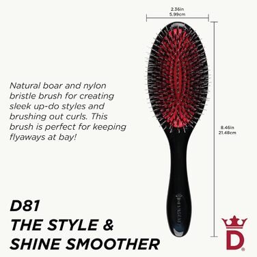Щітка для волосся Denman Cushion Brush (Medium) з м'якими щетинами нейлону та щетиною кабана - розплутування та блиск, додає блиск волоссю, м'яко розгладжує та розплутує кучері та вибиваючі пасма – чорна, D81M