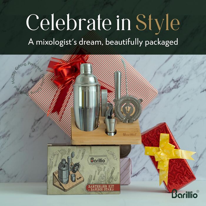 Набір для бармена Barillio: шейкер, мікшер, аксесуари, бамбукова підставка, рецепти коктейлів (срібло)