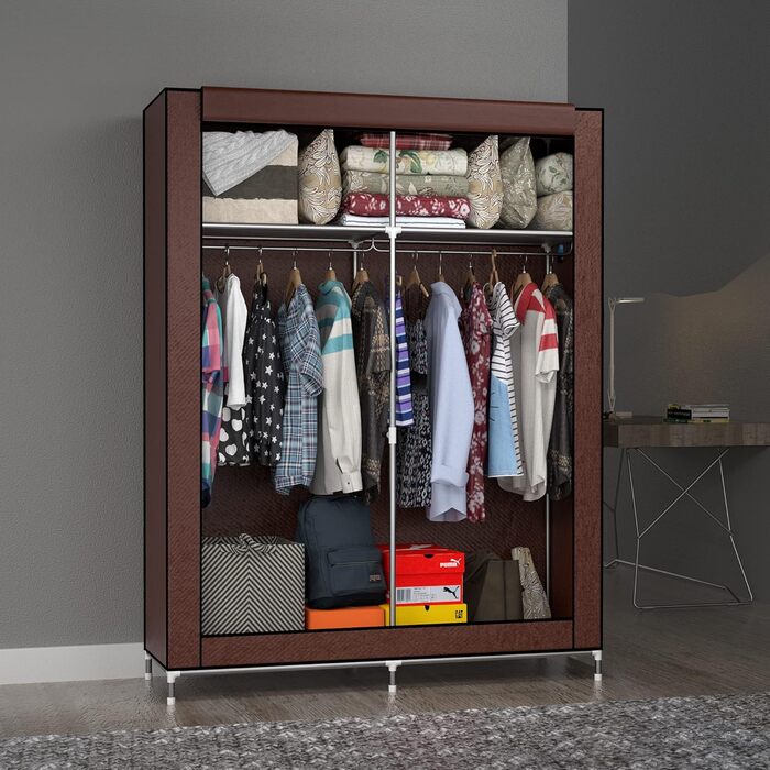 INTIRILIFE Folding Wardrobe 108x170x45 cm - Fabric wardrobe with zipper and clothes rail, side pocket and compartments - shelf, metal frame, storage (Coconut Brown)