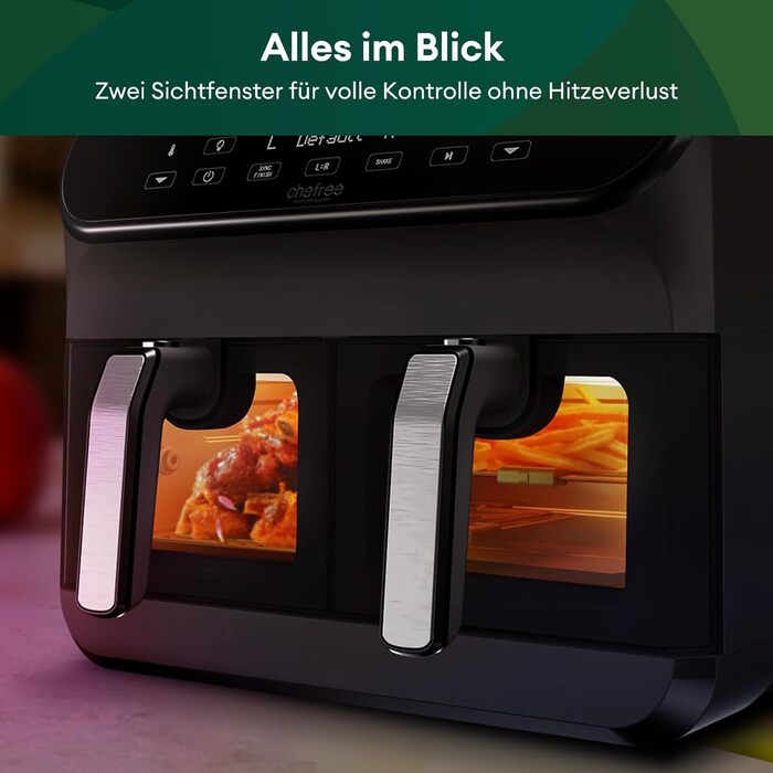 CHEFREE Dual Zone аерофритюрниця з оглядовим вікном, 8 л XL, подвійний Airfryer, LED-сенсорна панель, антипригарне покриття, 8-в-1, розумна, таймер, кошики для посудомийки, чорна, модель AFW20