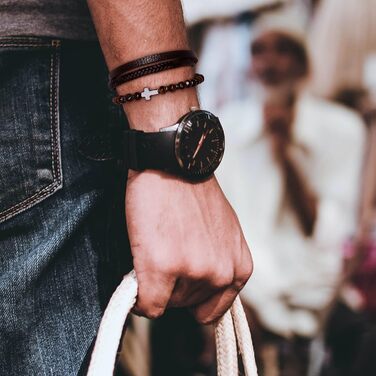 Чоловічий браслет Dochais: нержавіюча сталь, шкіряний ремінець, хрест Ісуса Христа, плетіння з натурального каменю, магнітна застібка, чорний, 21 см