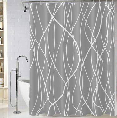 Шторка для душу M&W Design з поліестеру, з лініями, антигрибкова, водовідштовхувальна, з 12 C-кільцями, з обтяженим краєм, мінімалістичний дизайн, стійка до вицвітання, 180x200 см, білий (H200 x B180 см, упаковка 1 шт.), сірий