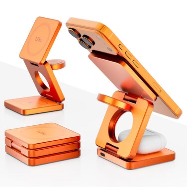 MagSafe зарядна станція 3-в-1: бездротовий зарядний пристрій 25W для iPhone 12-17, Apple Watch, AirPods (Qi, складна, помаранчева)