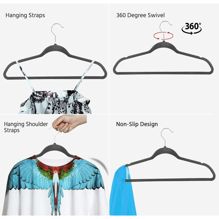 Yaheetech Velvet Clothes Hangers 100 Pack Suit Hangers Closet Hangers Non-Slip Surface Laundry Hangers with 360° Swivel Hook Grey