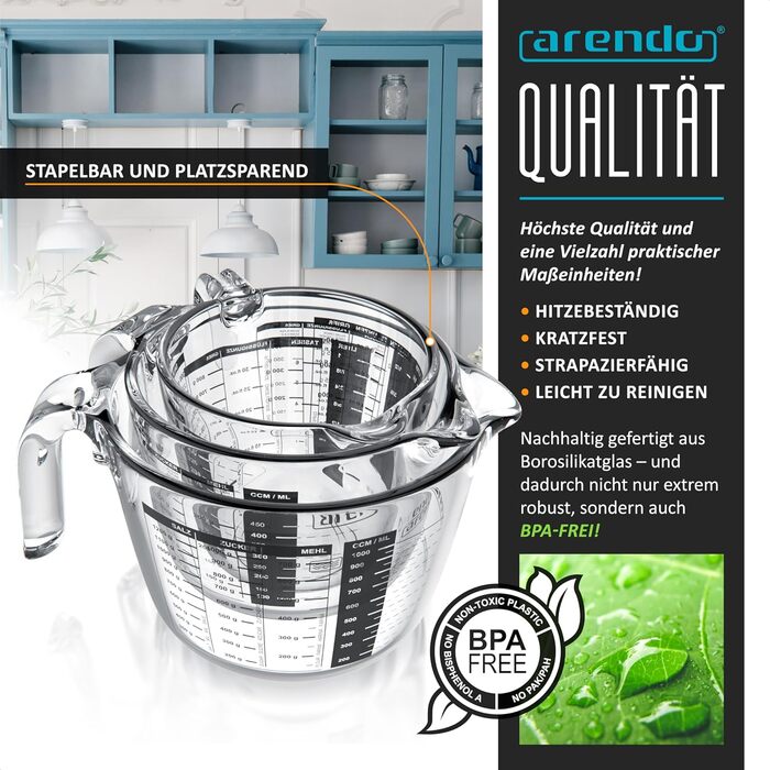 Arendo - Borosilicate Glass Measuring Cup Set - Sizes 1000ml, 500ml, 250ml (1l, 0.5l, 0.250l) – Glass Measuring Jug, Pitcher – Precise Scale – Heat Resistant – Microwave Safe – Kitchen Measuring Cup
