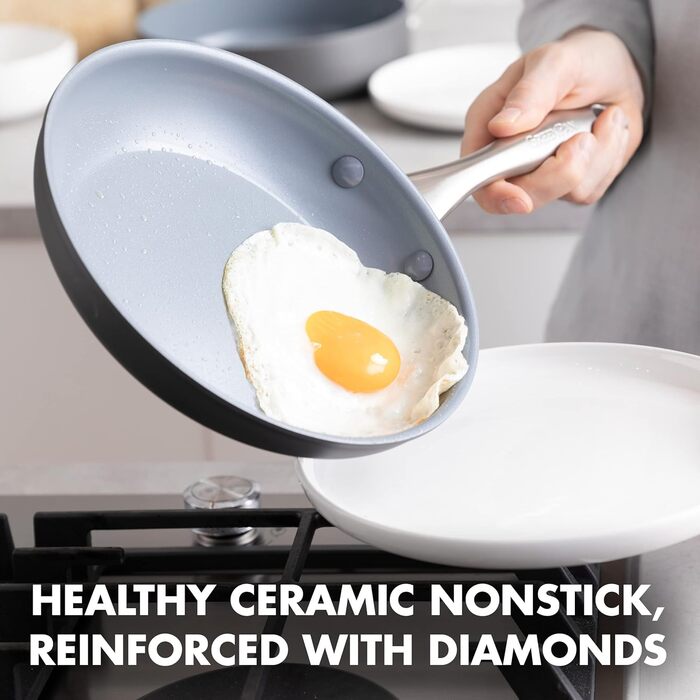 Сковорода GreenPan Lima з нержавіючою сталею та кришкою, керамічне покриття, антипригарна, без PFOA та PFAS, для духовки та гриля, з нержавіючою сталею, для приготування яєць та омлетів, 12' та 8' сковороди-швидківки (сірий)