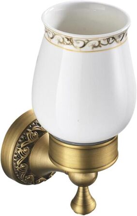 Brass toothbrush holder, antique bronze finish, cup holder with white ceramic cup, wall-mounted, bathroom accessories, patterned carved design
