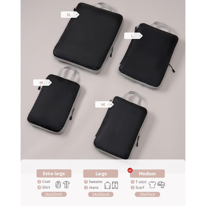 Набір кубиків-органайзерів для валізи Meowoo (4шт) - кубики-компресори, чорний