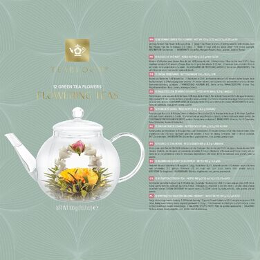 Набір для чаю Teabloom: чайник 1,2 л зі скла, 4 скляні чашки та 12 чайних квітів жасмину