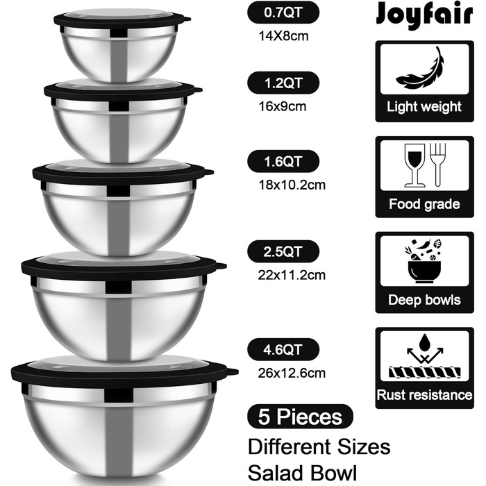 Набір мисок Joyfair з нержавіючої сталі, 5 шт., з кришками, для кухні, змішування, випічки, сервірування та зберігання (чорний)