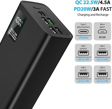 Портативний Пауербанк 60000 mAh з кабелем, зовнішній акумулятор QC3.0 22.5W PD 20W, 2 входи та 5 виходів для телефону, камери, планшета тощо