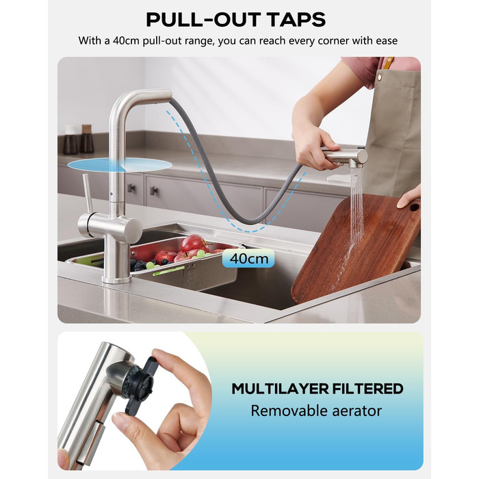 Змішувач кухонний з висувною лійкою, високого тиску, з двома режимами струменя, поворотний на 360°, L-подібний, з нержавіючої сталі (шліфований)