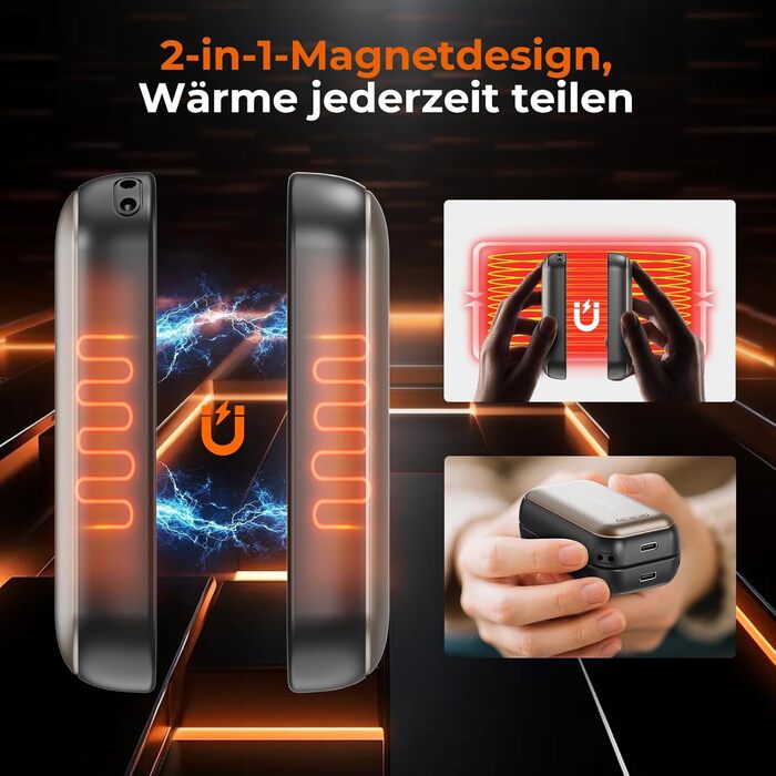 Електричний гріє для рук 2 шт. – 6000mAh, магнітний, USB-C, 3 рівні нагріву до 55°C, для активного відпочинку, кемпінгу, гольфу, синдром Рейно