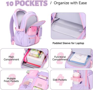 Шкільний рюкзак Tanou для дівчаток: великий, з тканини Oxford, з багатьма відділеннями (фіолетово-рожевий)
