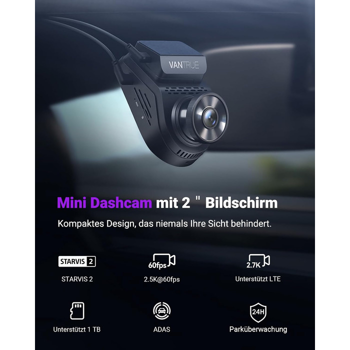 Автомобільний відеореєстратор VANTRUE S1 Pro 2.7K 60FPS з нічним баченням STARVIS 2, прихований монтаж