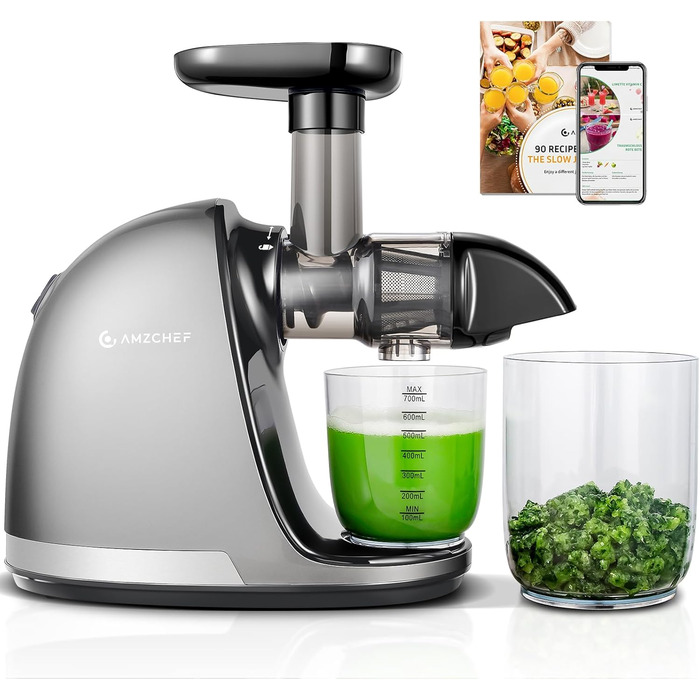 Електричний соковичавник AMZCHEF для овочів та фруктів - Slow Juicer з функцією реверсивного подрібнення, без фільтру, з щіткою та 2 чашками, сріблястий (30x19.6x30 см)