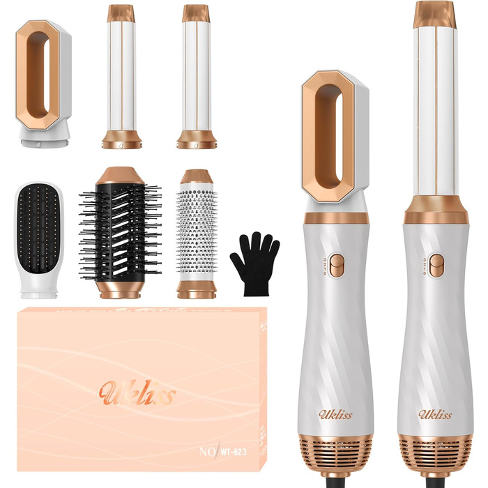 UKLISS 6-в-1 Стайлер для волосся з феном Pro, Набір для укладання волосся: плойка, випрямляч, фен, щітка для укладання, автоматична завивка, іонізація, Airbrush, подарунковий набір для жінок, блакитний (золотий)